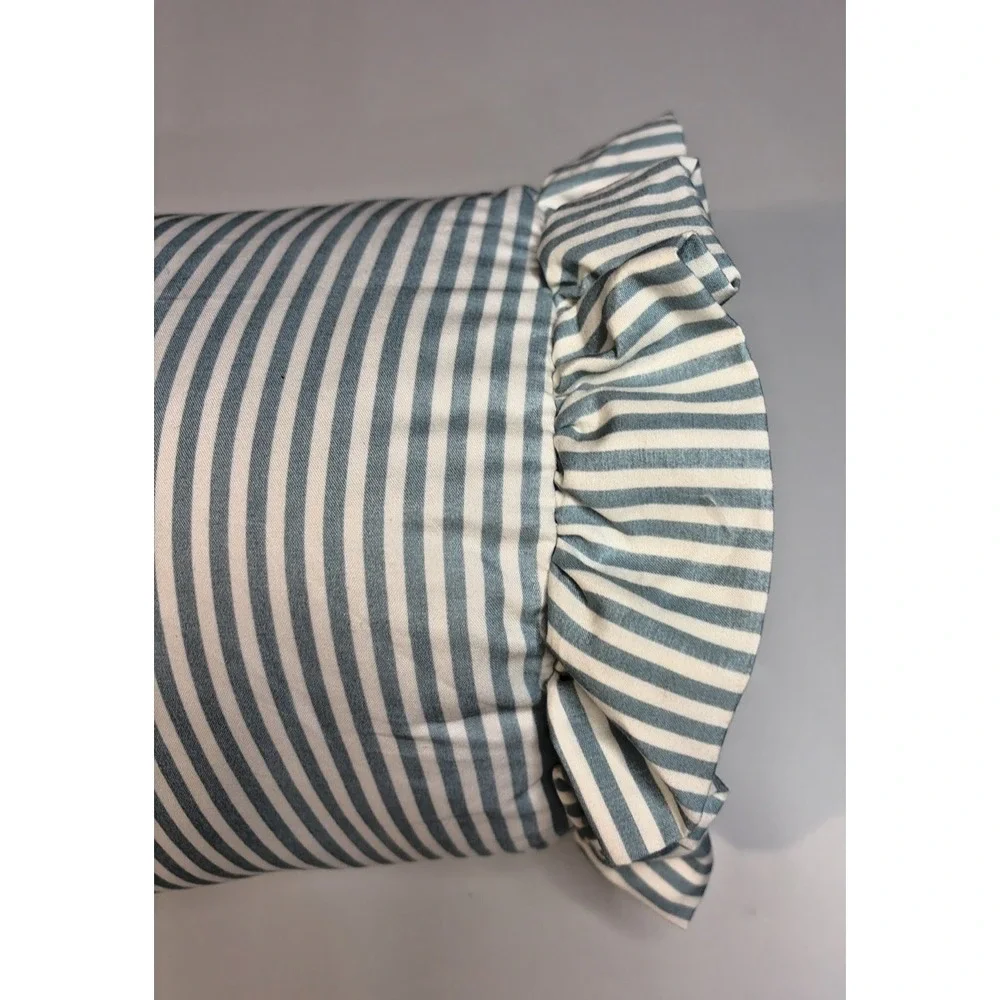 Blue & White Striped Bolster Pillow w/ Ruffled Ends